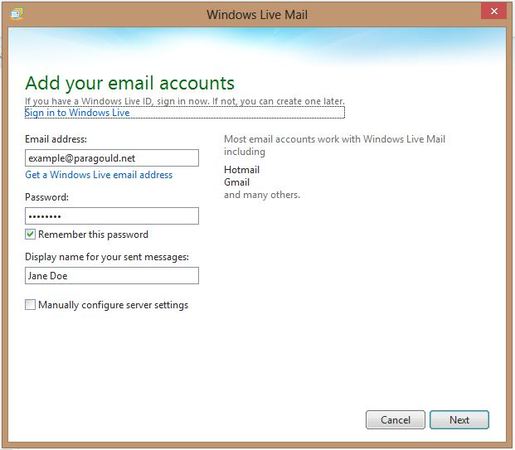 Windows Live Mail add account